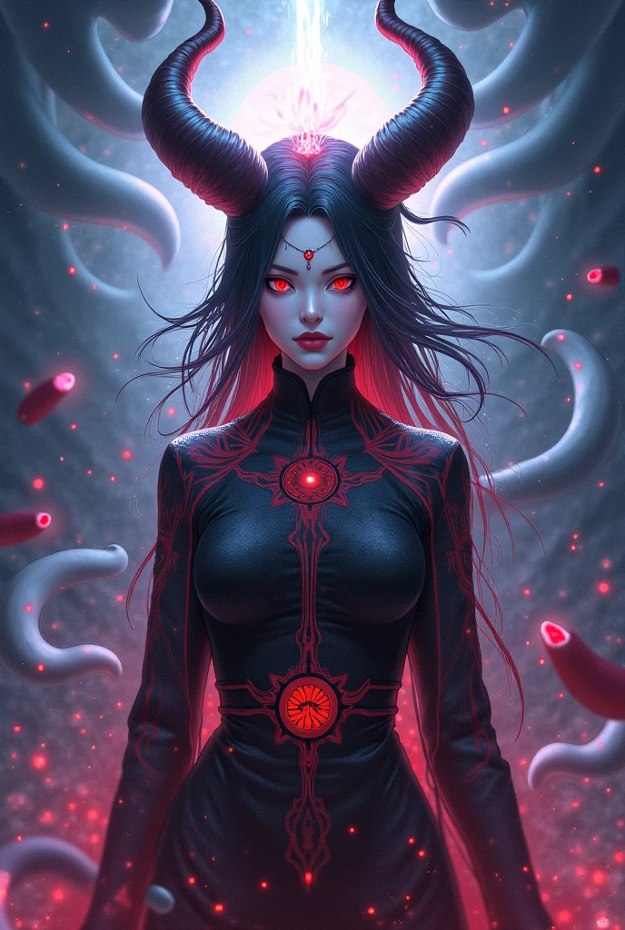 1 beautiful female demon, A scene from a science horror fiction movie, beautiful detailed eyes, (A third eye on the forehead:1.5), beautiful detailed red lips, extremely detailed face and eyes, long eyelashes, (long tongue like a snake:1.2), intricate insect-like features, glowing compound eyes, scythe-like forelimbs, alien carapace, vibrant colors, futuristic sci-fi environment, neon lights, glowing energy field, complex technological architecture, dramatic lighting, cinematic atmosphere, award winning digital art, hyper realistic, 8k, high quality, masterpiece, Bioluminescence, Translucent skin, thespiritde, white skin, (pale skin with veins visible through it:1.6), Satan's daughter, cinematic lighting, black hair