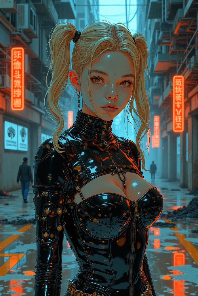 jeune adolescente blonde, pigtails, latex outfit, pvc boots, detailed facial features, sensual expression, provocative pose, dark dramatic lighting, moody atmosphere, abandoned warehouse interior, neon accents, rain-soaked surface, high key lighting, cinematic style, digital painting, 8K, hyper-realistic, masterpiece, extreme detail, physically-based rendering, vivid colors, deep shadows, dramatic colors