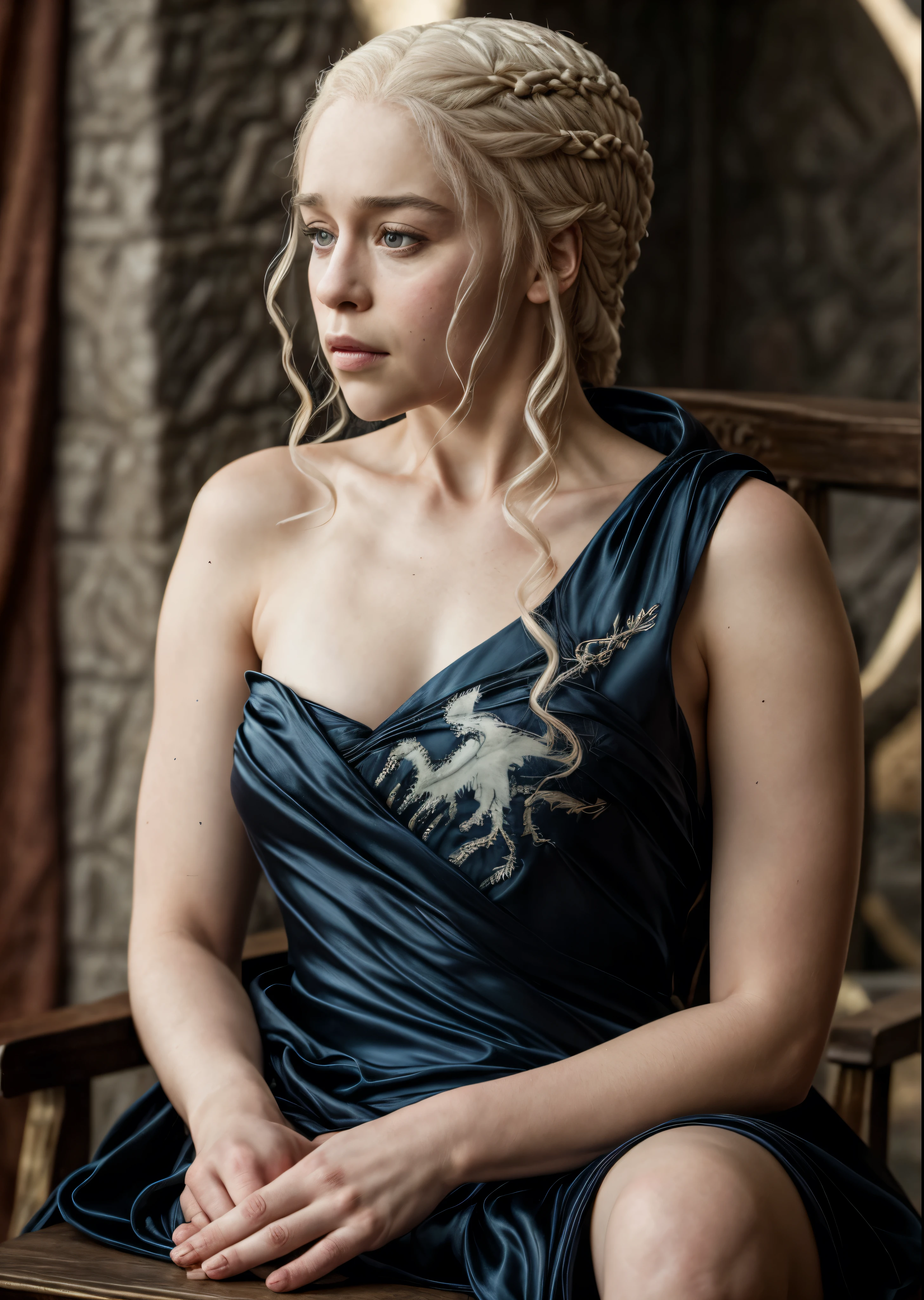 raw fullbody photo of Daenerys Targaryen 18yo, highly detailed, artstation, smooth, sharp focus, 8K, Highly detailed medieval sexy outfit, hdr 4k, 8k, (highly detailed skin: 1.2), 8k uhd, dslr, soft lighting, high quality, film grain, 20mp, Fujifilm XT3, 80mm, hasselblad, midjourney, Black flag at the bottom with the symbol of House Targaryen.