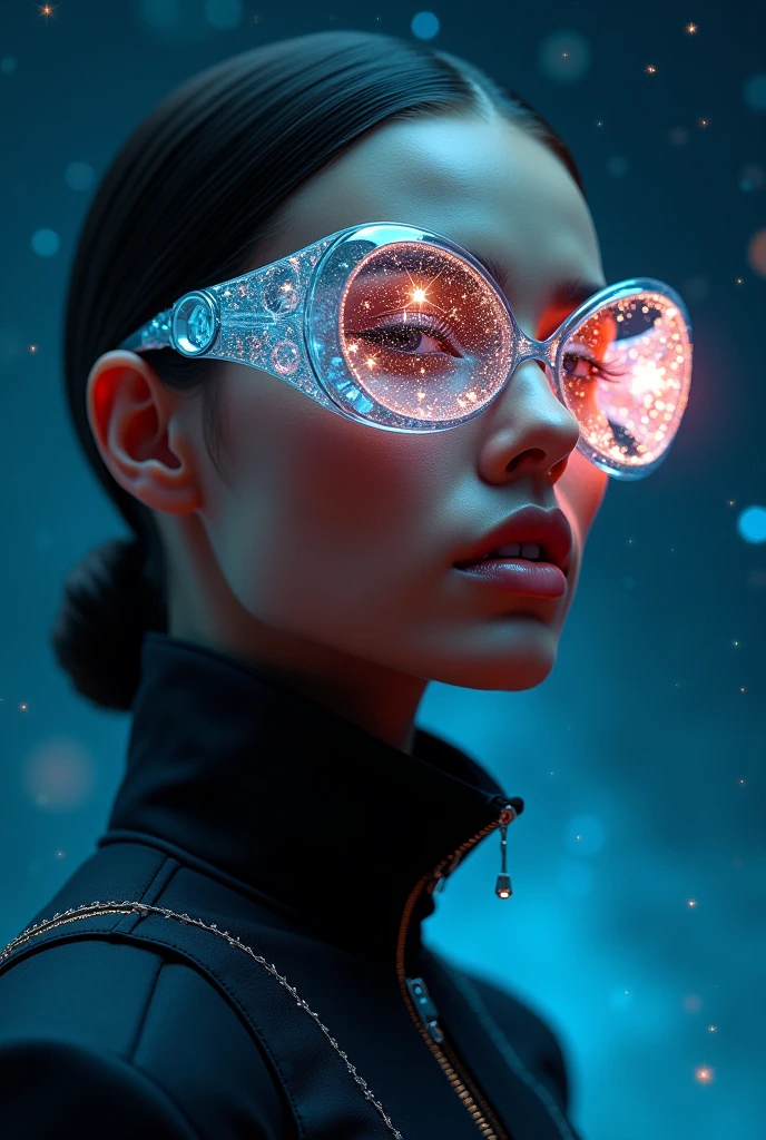 The model wears glass sunglasses with stars and the moon in the glass