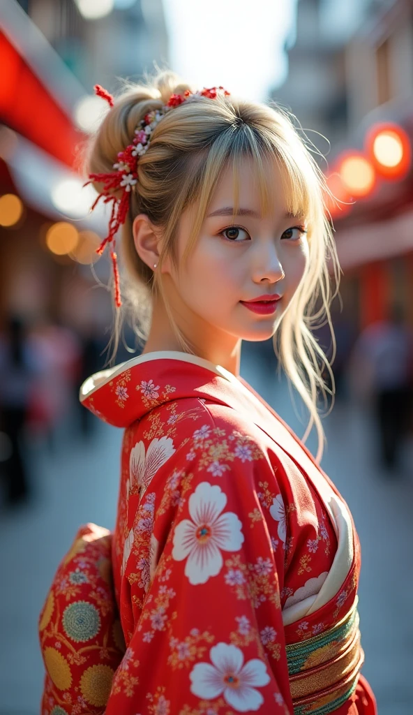 blond hair、Braiding、hair bun、Red eyes、Star patterns in your eyes、colorful、17 years old、1girl、yukata、hair ornaments、smile、firework、Feminine pose、standing、Festivals