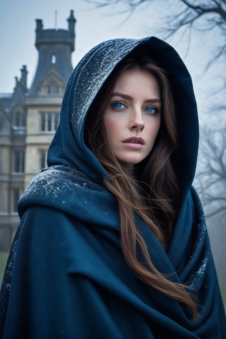 An English woman, brown hair, beautiful, and with blue eyes, hair blowing in the wind, wrapped in a hooded cloak. She is in a blizzard on a horse, helpless, in dark scenery observing an old and forgotten gothic mansion on Hampstead Hill.