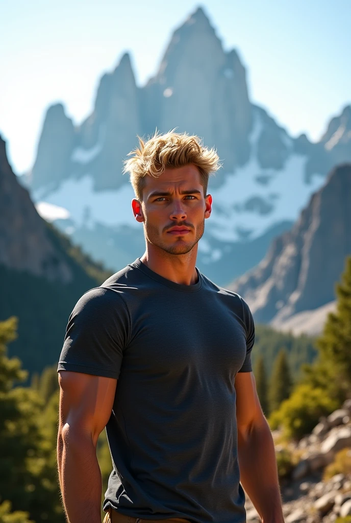 Behold a fashion editorial photo shoot featuring a photogenic and charming bleached blonde hair, 23 years old male supermodel, skinny and slender body, pretty cute young face, wearing fit legging pants and hiking backpack, (semi hard bulge), at hiking trail, outdoors, full of wild flower, Switzerland mountain background, interesting dynamic view, amazing composition, HDR, volumetric lighting, ultra quality, elegant, highly detailed, masterpiece, best quality, high resolution, portrait, male focus, solo focus, The photograph is taken with a Canon EOS R camera using an 85mm f/1.8 lens at an f/2.2 aperture, utilizing natural light. Employing three-point lighting and incorporating 3D animation shadows enhances his features and adds depth to the composition. The careful layering and arrangement of his body parts and surrounding objects ensure a flawless composition. This masterpiece celebrates the beauty of the male form and invites viewers to immerse themselves in a world of sophistication and charm. The seductive lighting and intricate details, combined with a dramatic composition, invite viewers to revel in the essence of a fun-filled day, brimming with joy and relaxation. Attention is meticulously paid to the layers and arrangement of his body parts and surrounding objects, ensuring correct body structure and photo distance. The romantic atmosphere, paired with a lively and extremely gorgeous background, enhances the overall allure of this exquisite image.