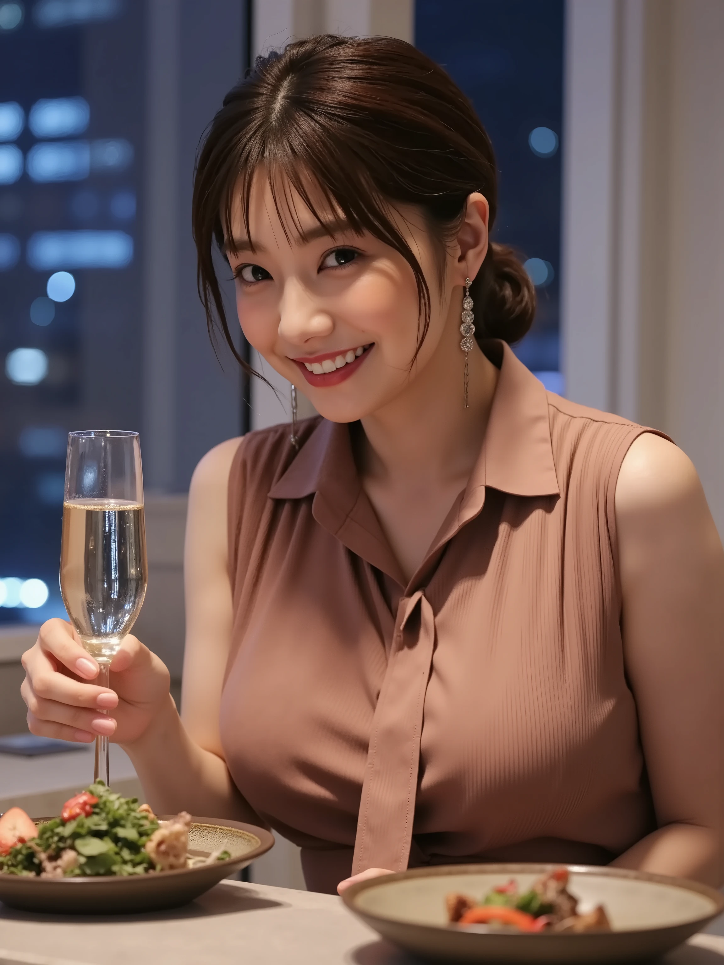 (8k, top quality, Genuine, Ultra High Resolution :1.5),beautiful Japanese woman, ((cute smile)),18 years old,(up hair), (collared sleeveless shirt)ribbon narrow tie,skirt、Dangling Earrings、 Close-up shot of the side, full body closeup shot、I'm sitting at a bar counter with a night view of a skyscraper、A stylish salad is placed and they are drinking with one champagne in their hands