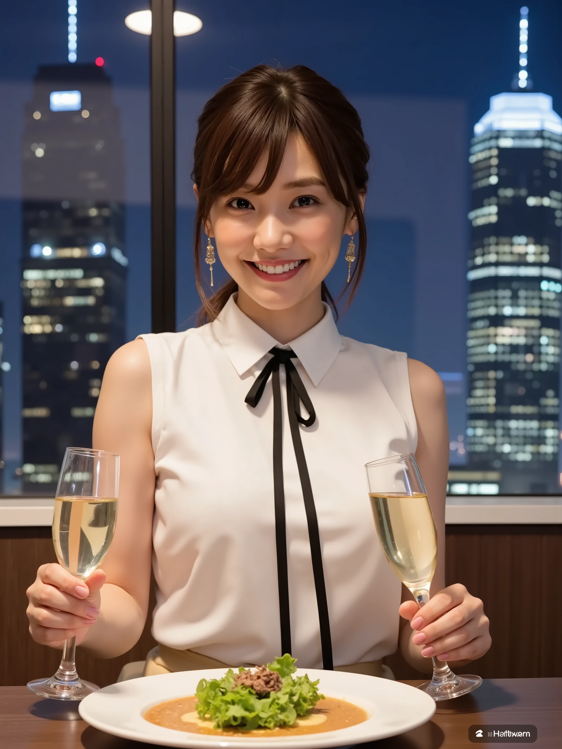 (8k, top quality, Genuine, Ultra High Resolution :1.5),beautiful Japanese woman, ((cute smile)),18 years old,(up hair), (collared sleeveless shirt)ribbon narrow tie,skirt、Dangling Earrings、 Close-up shot of the side, full body closeup shot、I'm sitting at a bar counter with a night view of a skyscraper、A stylish salad is placed and they are drinking with one champagne in their hands