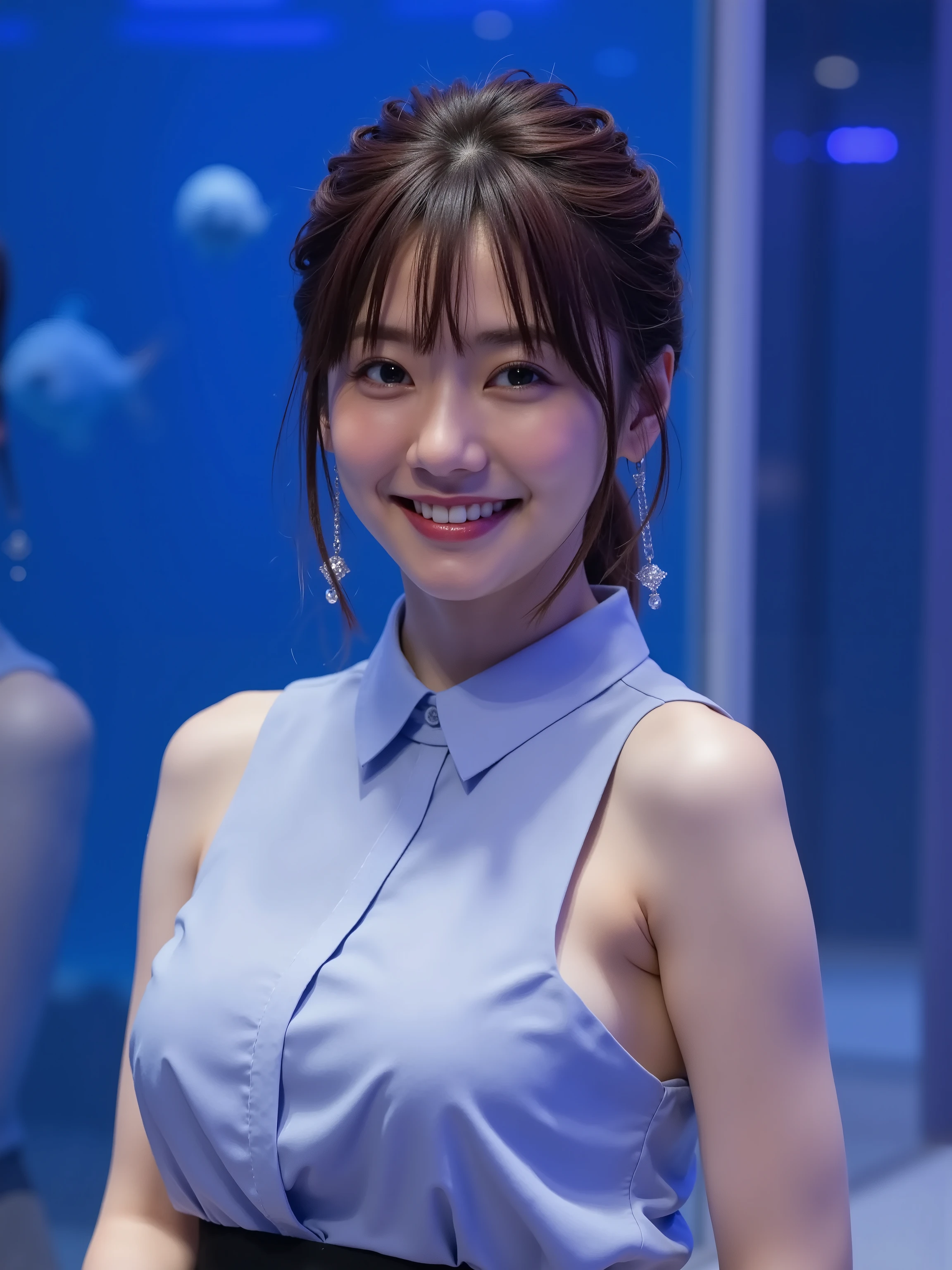 (8k, top quality, Genuine, Ultra High Resolution :1.5),beautiful Japanese woman, ((cute smile)),18 years old,(up hair), (collared sleeveless shirt),skirt、Dangling Earrings、 Close-up shot of the side, full body closeup shot、The entire wall of the aquarium at night is in front of the fish tank、shoulder bag