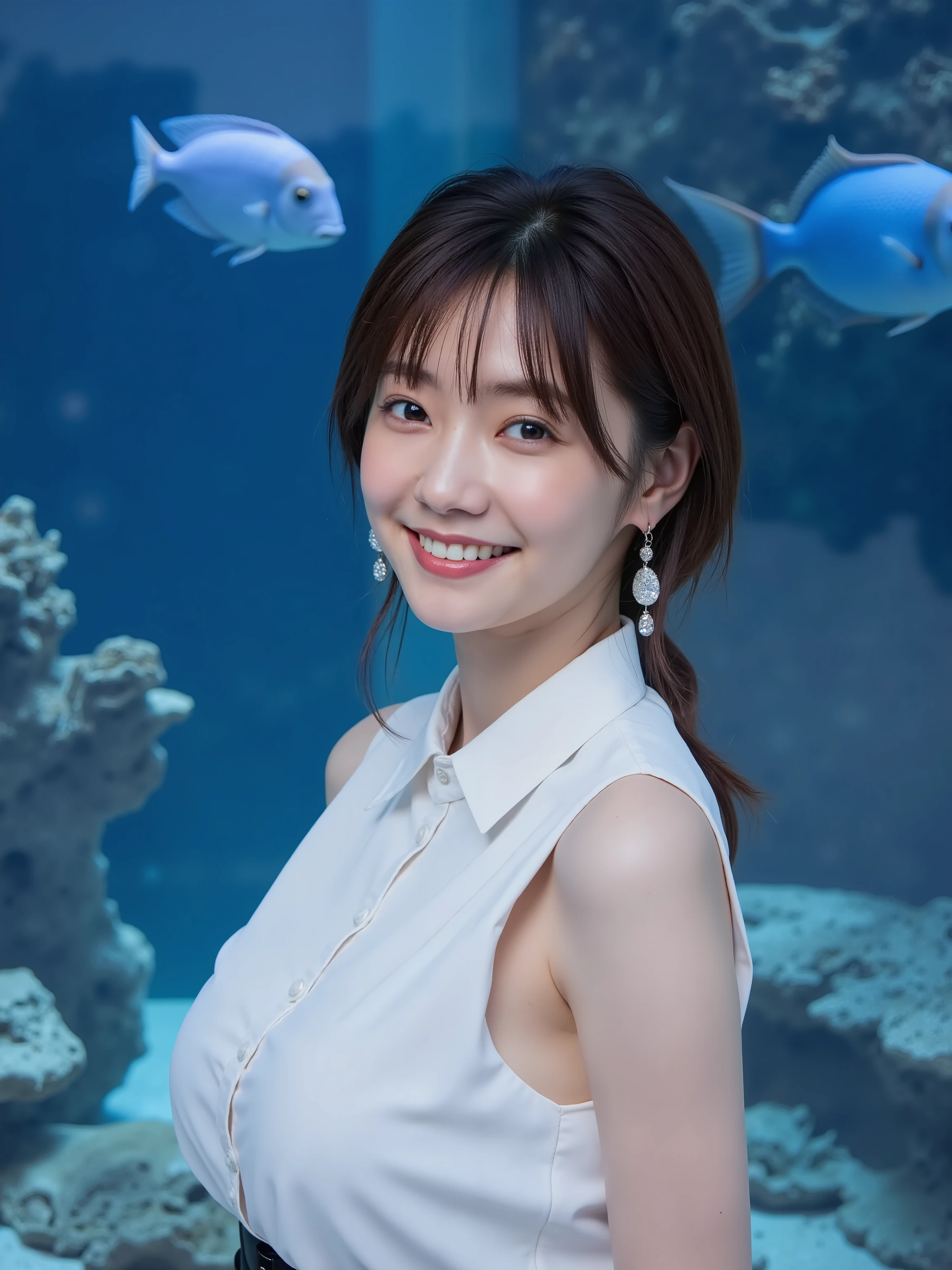 (8k, top quality, Genuine, Ultra High Resolution :1.5),beautiful Japanese woman, ((cute smile)),18 years old,(up hair), (collared sleeveless shirt),skirt、Dangling Earrings、 Close-up shot of the side, full body closeup shot、The entire wall of the aquarium at night is in front of the fish tank、shoulder bag