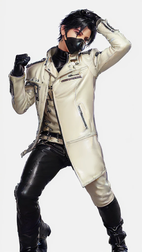 Final fantasy taste and reality graphics, ((Japanese young cute and cool ikemen boy)), his age is early 20s, thin eyebrows and beady eyes, (((he wearing light brown color shearling jacket))), ((jacket is no leather and waist length)), ((fur color is white)),
((also wearing black thick turtleneck polyester shirts)), ((tight black leather long pants)), ((((black leather tight-fitting leather full finger glove both hands)))), black leather knee-high raceup boots,must views head-to-toe,must views whole body,,