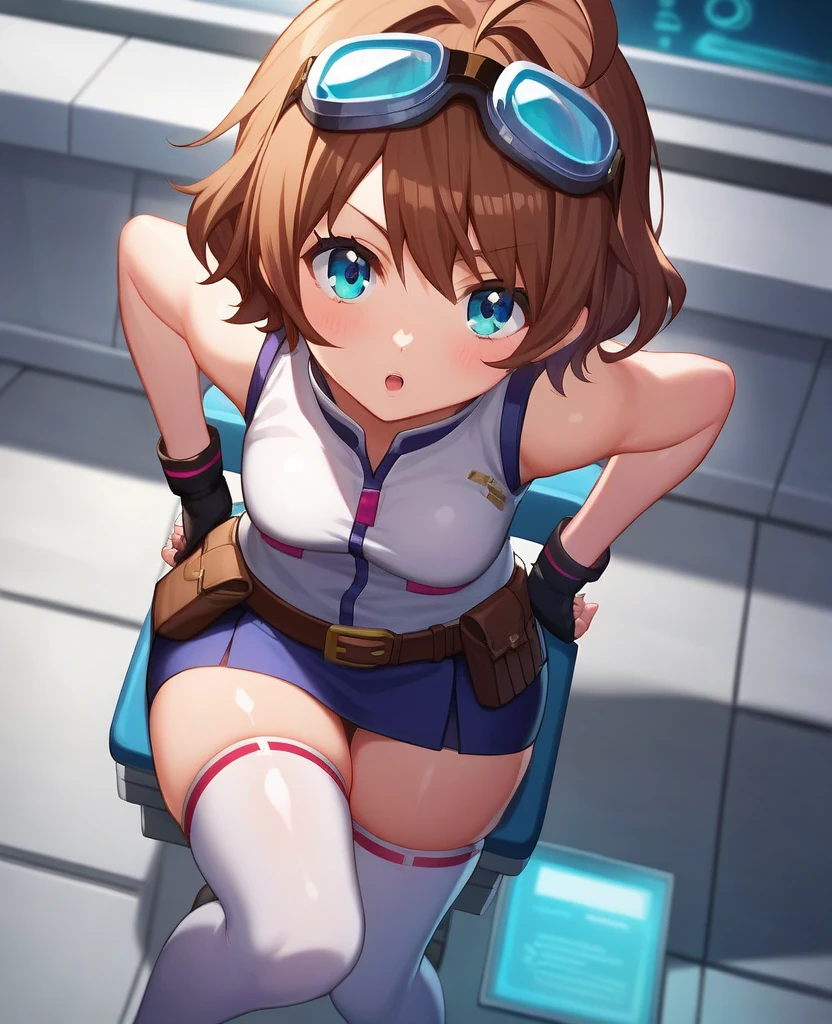 android, beautiful robot, short pigtails, brown hair, Hair tie with two big red clothespins, big smile, brown hair, middle age, joint seam, blue eyes, full body figure, Height: 160cm, Light beige micro mini dress, fluttering skirt, skirt folds, white retro swimwear, Uplifting, 2020s anime picture, ball joint, 21thcentury japan animation