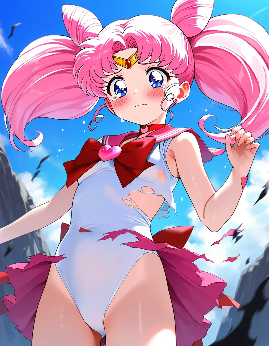 masterpiece, best quality, absurdres, perfect antomy, 1girl, solo, SMMoon, 1990s \(style\), sailor chibi moon pink hair, pink pupils eyes, climbing the stairs up, close-up, smile, cowboy shot, sailor senshi uniform pink, pink sailor collar, Pink pleated skirt, elbow gloves, in back pose, show her booty, backwards, no thong on big booty, full body, aausagi, close-up booty, POINT OF VIEW DOWN TO UP, ( NO THONG ) BIG BOOTY, Voyeur Upskirt Thong (twintails hairstyle)