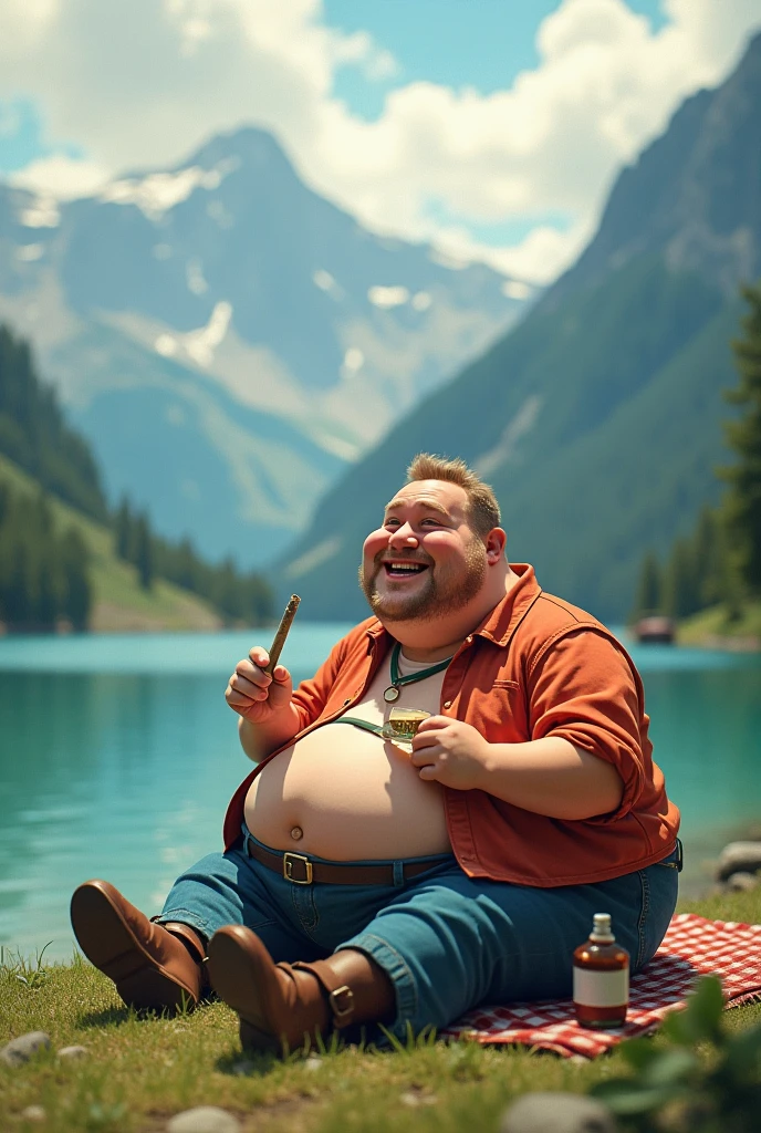 A fat guy drinking while looking out the balcony naked