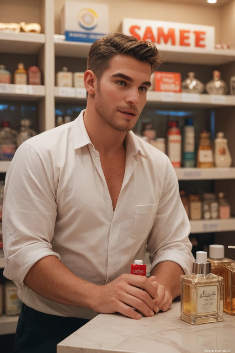 perfect italian man, shopping, view in the shop, short hairstyles light hairin an shop focus on character's face