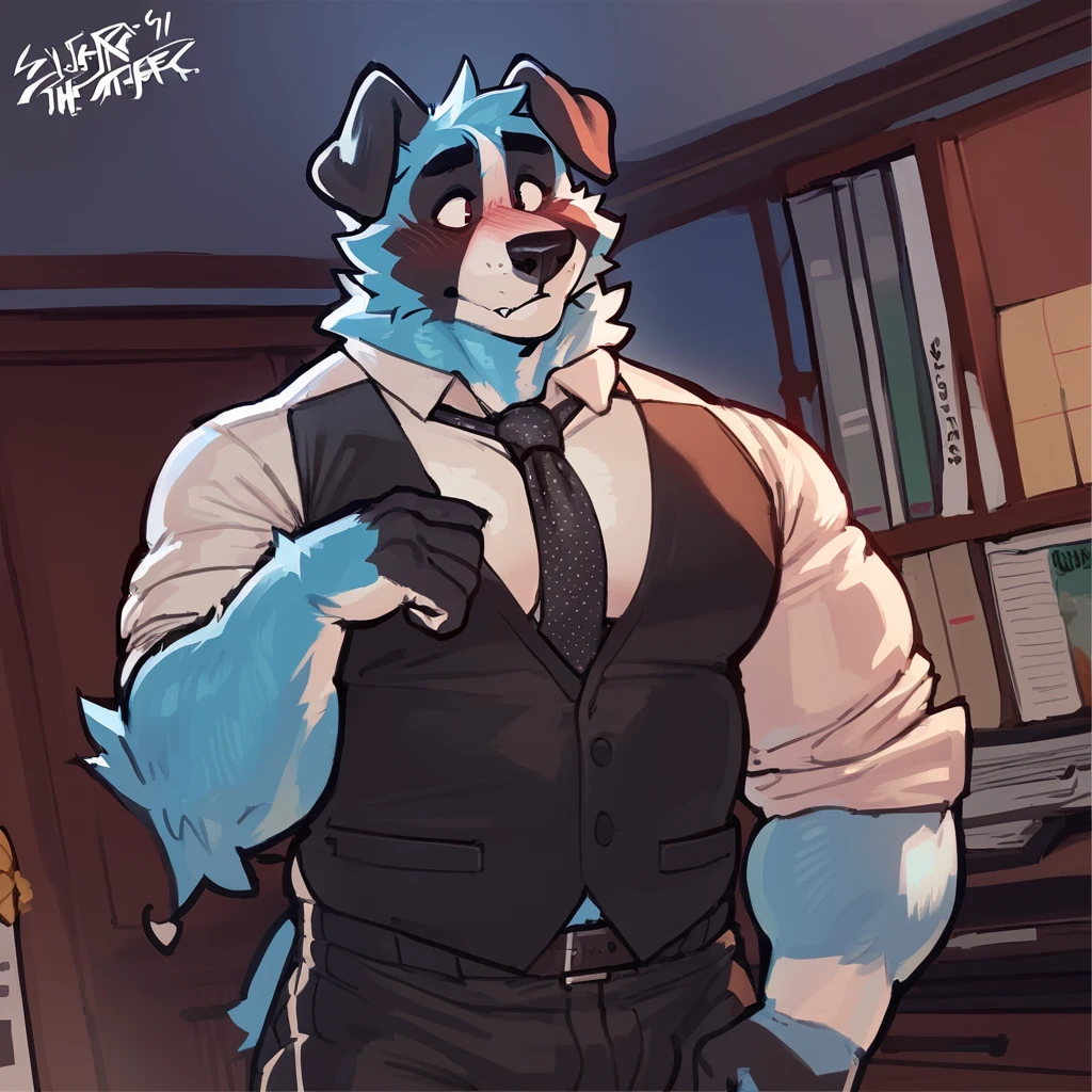 Husky, macho,calda, vestido terno preto, black pants, roupa mafioso,fedora preto,, grande, olhos azuis profundos,, cabelo branco, (((muscular))), biceps, Um pouco gordinho,peludo,  Pelo branco, pequeno sorriso sedutor, abandoned warehouse bottom, por Inu-sama,
