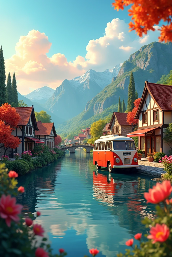 a small village by the river, mountains in the background, floral flowers colorful, detailed landscape, Beautiful natural landscapes, atmospheric lighting, scorching sunset, warm colours, practical, photopractical, Detailed Foliage, complex buildings, cobblestone street, Charming country house, swirly vibrant colors, lush vegetation, Still water reflections, Picturesque, idyllic, work of art, best qualityer, 8k, extremely detaild,anime stylingA colorful pixar-style logo for a mobile game called 'Shopping Jam Tycoon.' The image features a bright, toon-style bus stuck in jam, with funny stickman or cartoon character, and large retail shops