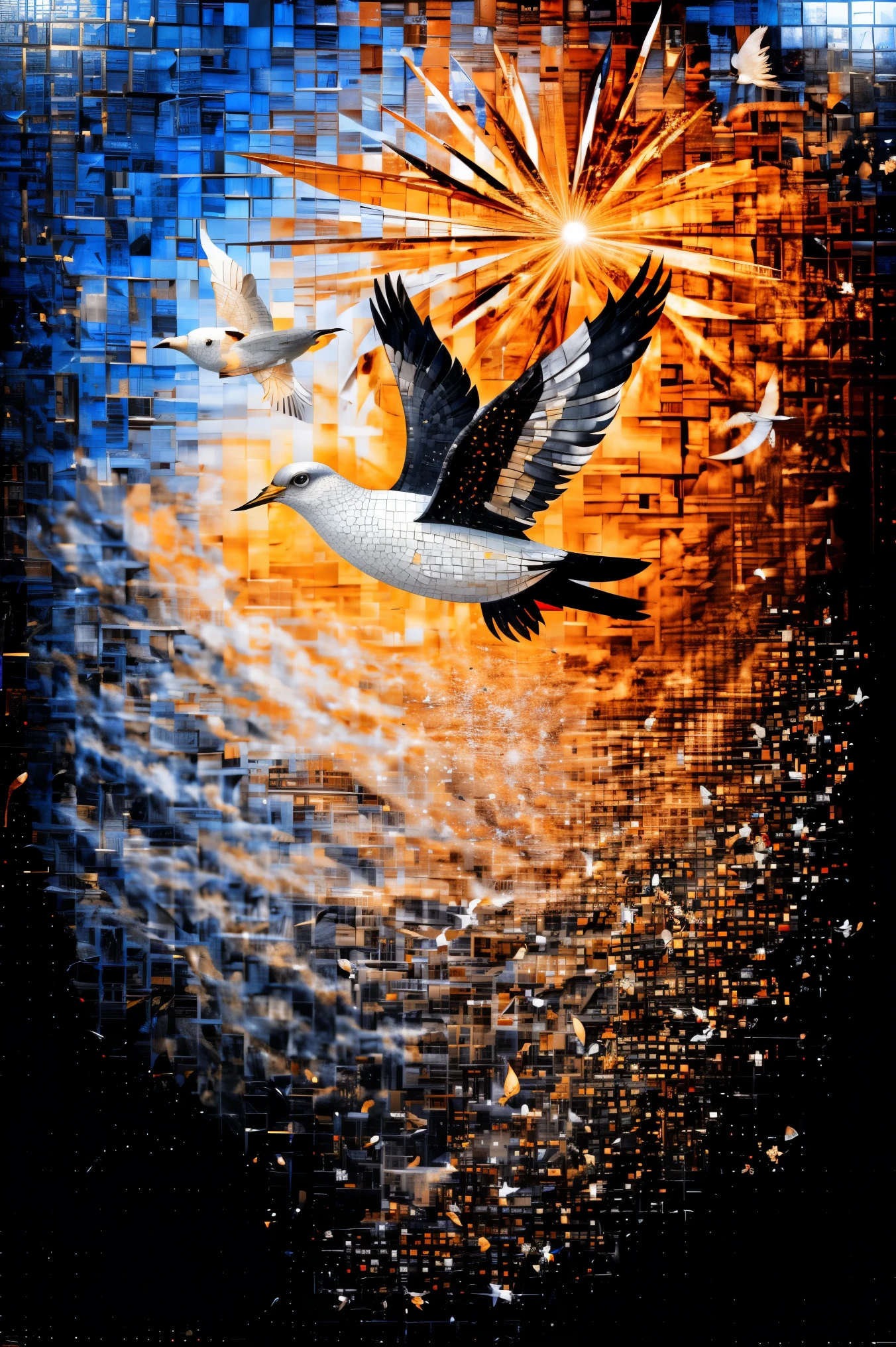 A symbolic image of a white dove of peace, created entirely as a photo mosaic composed of hundreds of tiny vintage war photographs — scenes of soldiers, tanks, ruined cities, and smoke-filled battlefields from across history. From a distance, the images blend seamlessly to form a crisp, serene silhouette of a flying dove, wings spread in mid-flight against a neutral background.
The darker war photos form the shaded feathers and body, while lighter-toned images fill the wings and tail, giving shape and dimension. Upon closer inspection, each tile reveals stark black-and-white or sepia-toned photos of human conflict and destruction, contrasting with the overall image of peace and purity.
Rendered in high resolution to emphasize the tension between the individual scenes of violence and the collective shape of hope, this photo mosaic delivers a powerful visual paradox — war building the very symbol that rejects it.