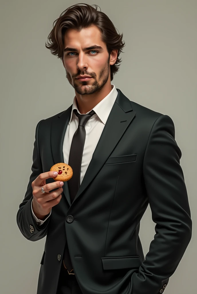 Full body pose.dark brown hair wavy but combed green eyes(Attractive looks) He has wheat skin 190 years old handsome businessman who is 32 years old. He eats cherry cookies