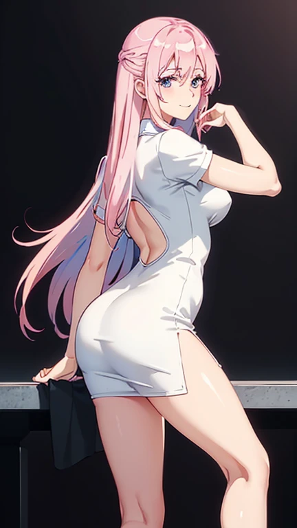 (masterpiece), (best quality), melascula, empty eyes, 1girl, solo, beautiful girl, long_hair, blunt bangs, pink thighhighs, medium_breasts, pink hair, purple hair, white leotard, from the back, big ass, posing, leaning, buttcrack