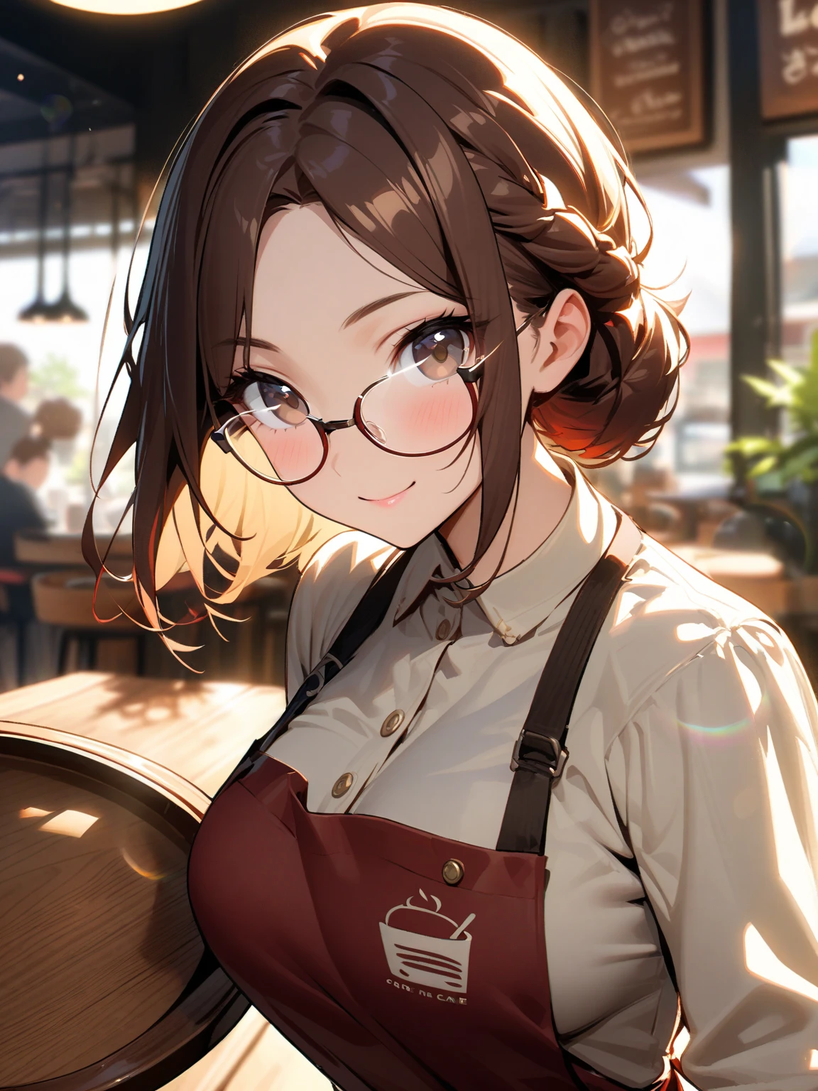 light yellow theme, 1lady, red brown hair, French braid, parted bangs, dark brown eye, rimless glasses, bright white highlights on glasses, light brown blouse, whitelogo print dark red apron, dark brown pants, beautiful breasts, Confident pose, Holding a wooden tray, smile, cafe, (朝日:1.1), upper body, look at viewer, blurry background, lensflare, lensghost, natural lighting, subtle highlights and shadows