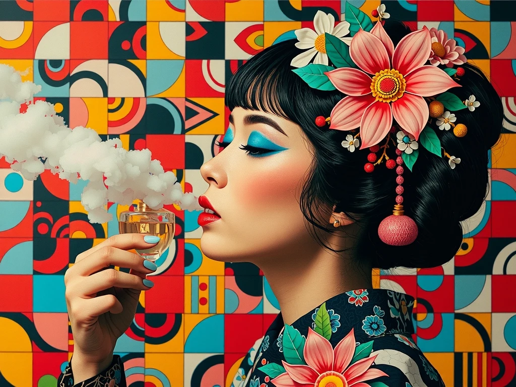 super detailed , absolute resolution , masterpiece , symbolic patterns of Japanese art , girl smells perfume ,  patchwork  , pop art fusion , psychedelic art and collage , cubist painting style , conceptual installation art 