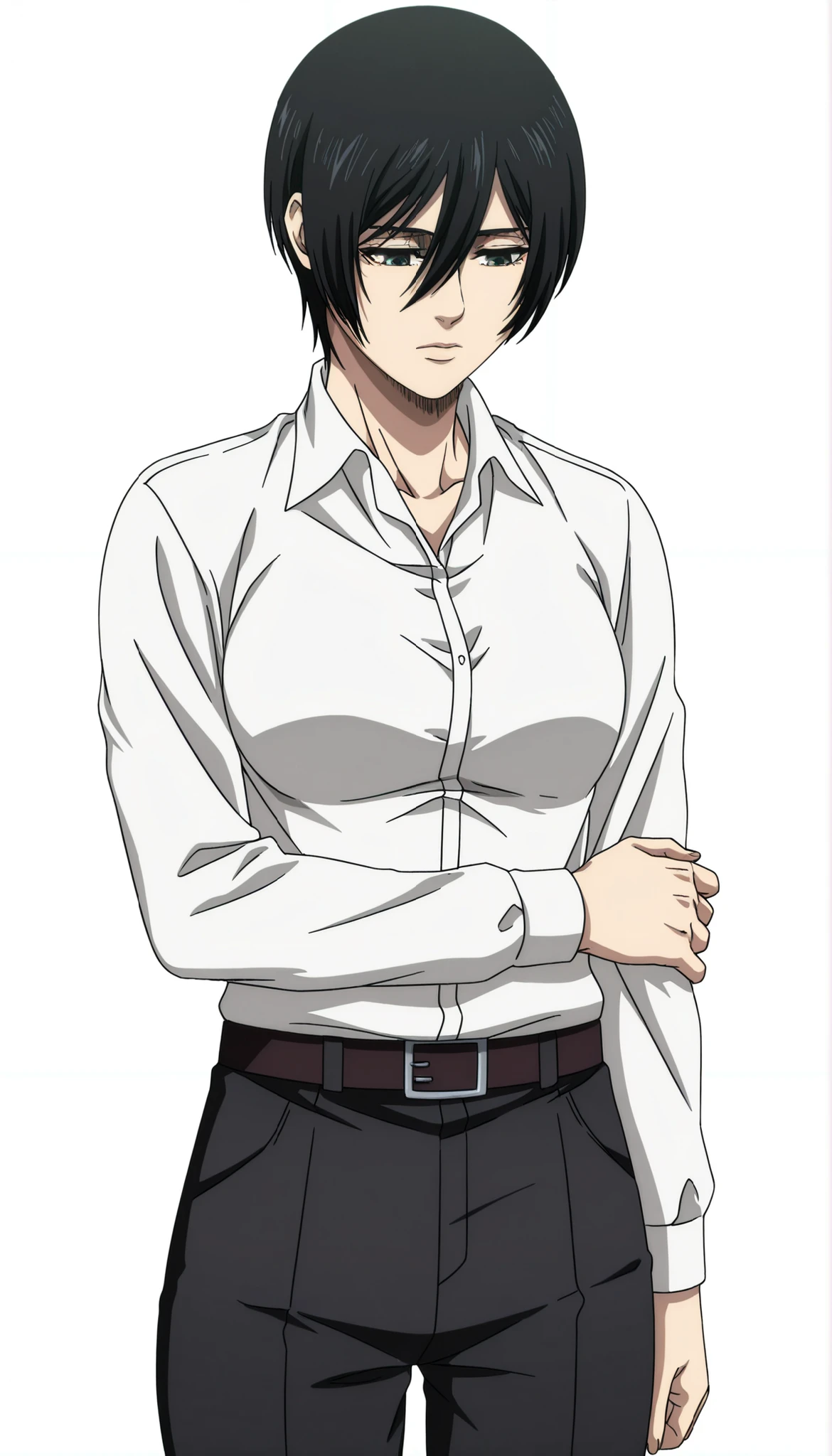 anime coloring, anime screencap, mikasa ackerman, 1girl, solo, short hair, black hair, looking down, closed mouth, white shirt, collared shirt, dress shirt, belt, black pants, standing, cowboy shot, holding own arm, white background, simple background, masterpiece, best quality, highres, very aesthetic, very awa, newest, amazing details, intricate details, ultra detailed