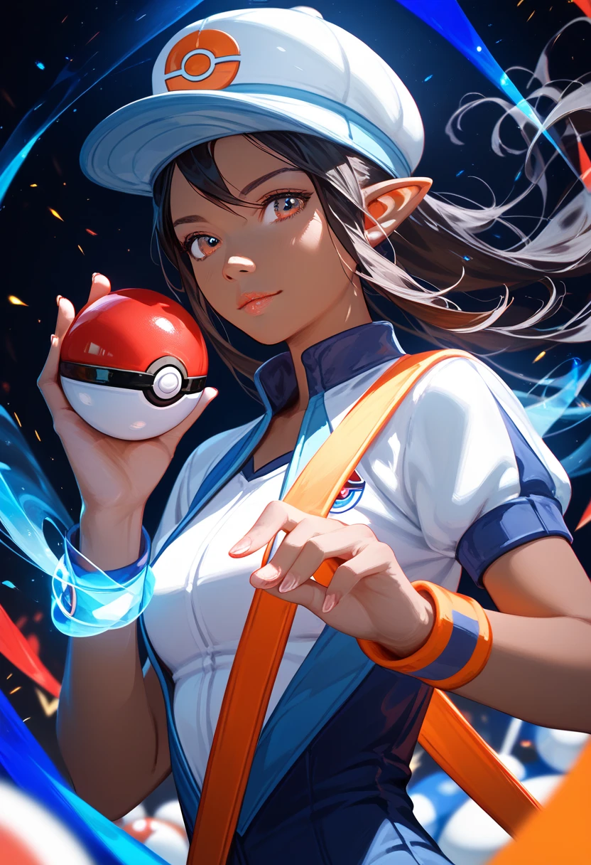 a small pokemon elite trainer girl, brown skin, straight black hair, wearing elite hat, holding master pokeball in right hand, pointy ears, 4k, highly detailed, photorealistic, studio lighting, intricate details, vibrant colors, fantasy, digital painting