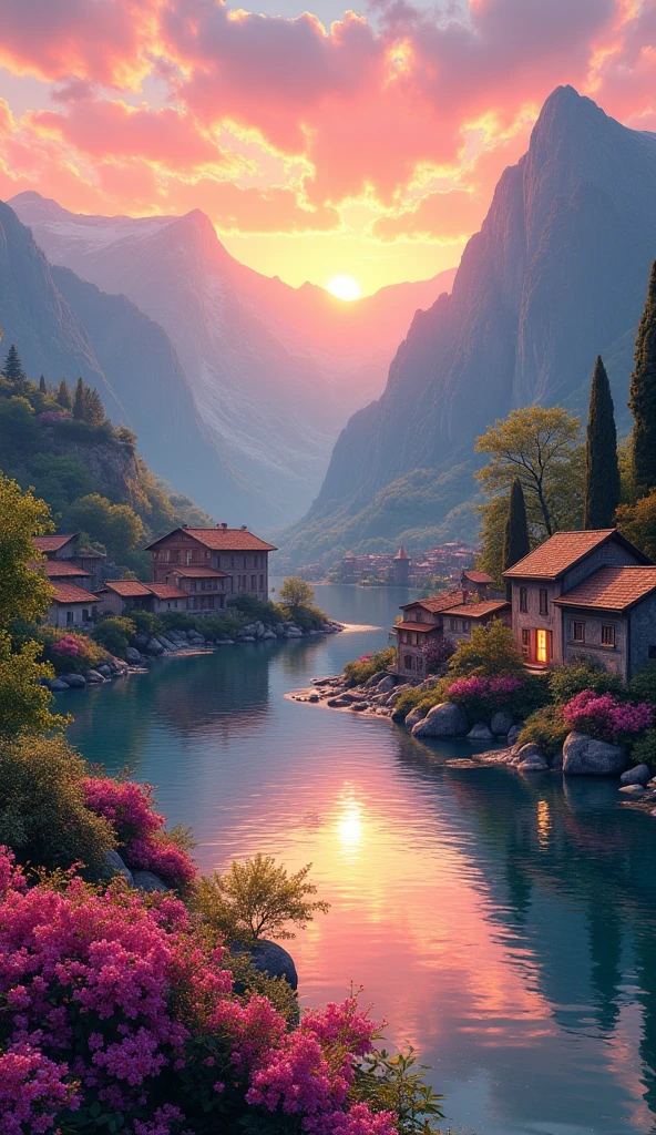 Small village by the river, mountains in the background, colorful pink flowers, detailed landscape, beautiful scenery, atmospheric lighting, scorching sunset, warm colors, practical, photography, detailed foliage, intricate buildings, cobblestone street, charming country house, swirling bright colors, dense vegetation, water reflections, picturesque, perfect, artwork, best quality, 8k, highly detailed, anime style