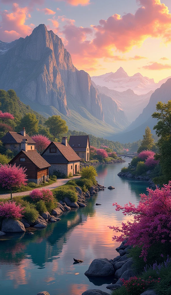 Small village by the river, mountains in the background, colorful pink flowers, detailed landscape, beautiful scenery, atmospheric lighting, scorching sunset, warm colors, practical, photography, detailed foliage, intricate buildings, cobblestone street, charming country house, swirling bright colors, dense vegetation, water reflections, picturesque, perfect, artwork, best quality, 8k, highly detailed, anime style