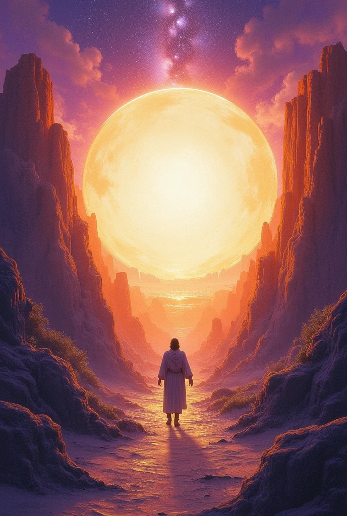 Make art that has a tighter footprint for the drawing and in the middle of it there is an empty transparent circular space, And around him biblical characters and elements according to the evangelical bible, I only ask that if it is to have predominant colors that they are shades of purple and orange 