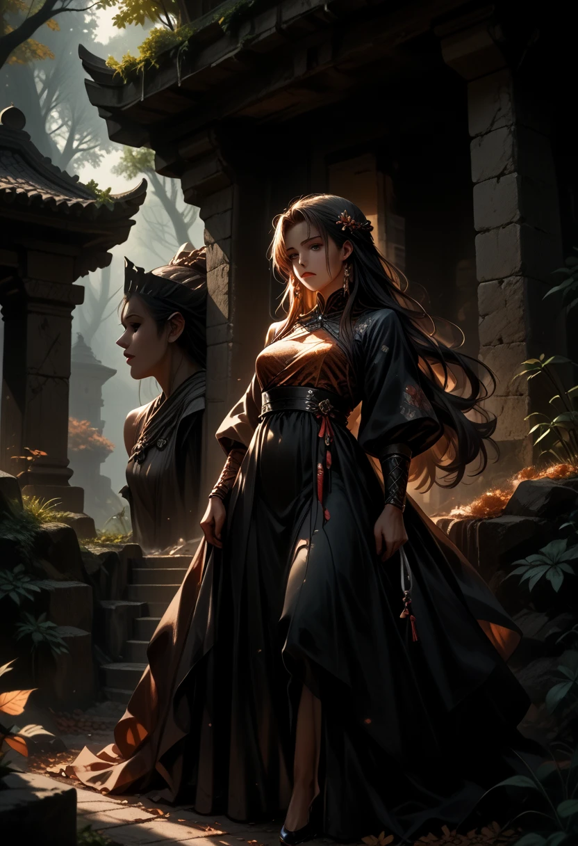 anime,(In the Katana Stone),Girl Attractive,Suitable for stone,autumn forest,Small paved path to the stone,Leaves are crumbling,Dress with diagonal patterns,Behind the stone,Statue-monument to a hero in armor and with long hair,I feel nostalgic,score_9, score_8_up, score_7_up,rating_explicit, Negative Prompt, masterpiece, high quality, clear detail, beautiful colors, 