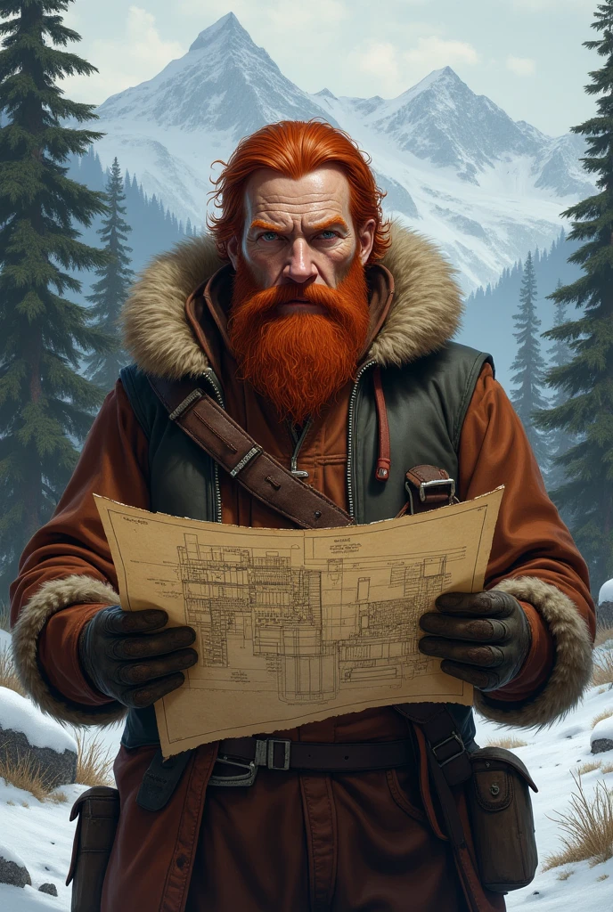 Red-haired trapper with a beard and a plan of a building in his hand