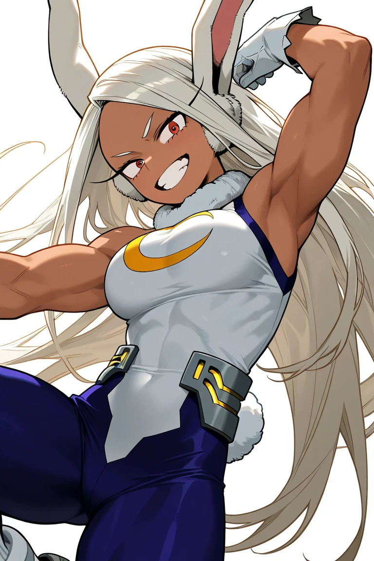 score_9, score_8_up, <lora:RumiUsagiyamaRabbitHeroMirkoXL_Exotica:1>, 1girl, solo, long white hair, large breasts, toned, muscular female, red eyes, rabbit ears, rabbit tail, thick thighs, dark skin, dark-skinned female, parted bangs, rabbit girl, long eyelashes, purple thighhighs, white highleg leotard, white gloves, bare shoulders, sleeveless, fur collar, superhero, crescent print, standing, grin, anime screencap, anime coloring, source_anime