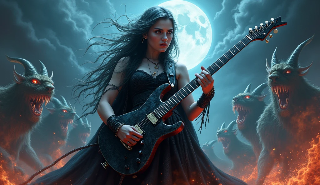 mystical woman, playing a heavy metal electric guitar, is surrounded by an atmosphere of gothic music and fantasy demons, creating a unique sound, that takes listeners to new heights.