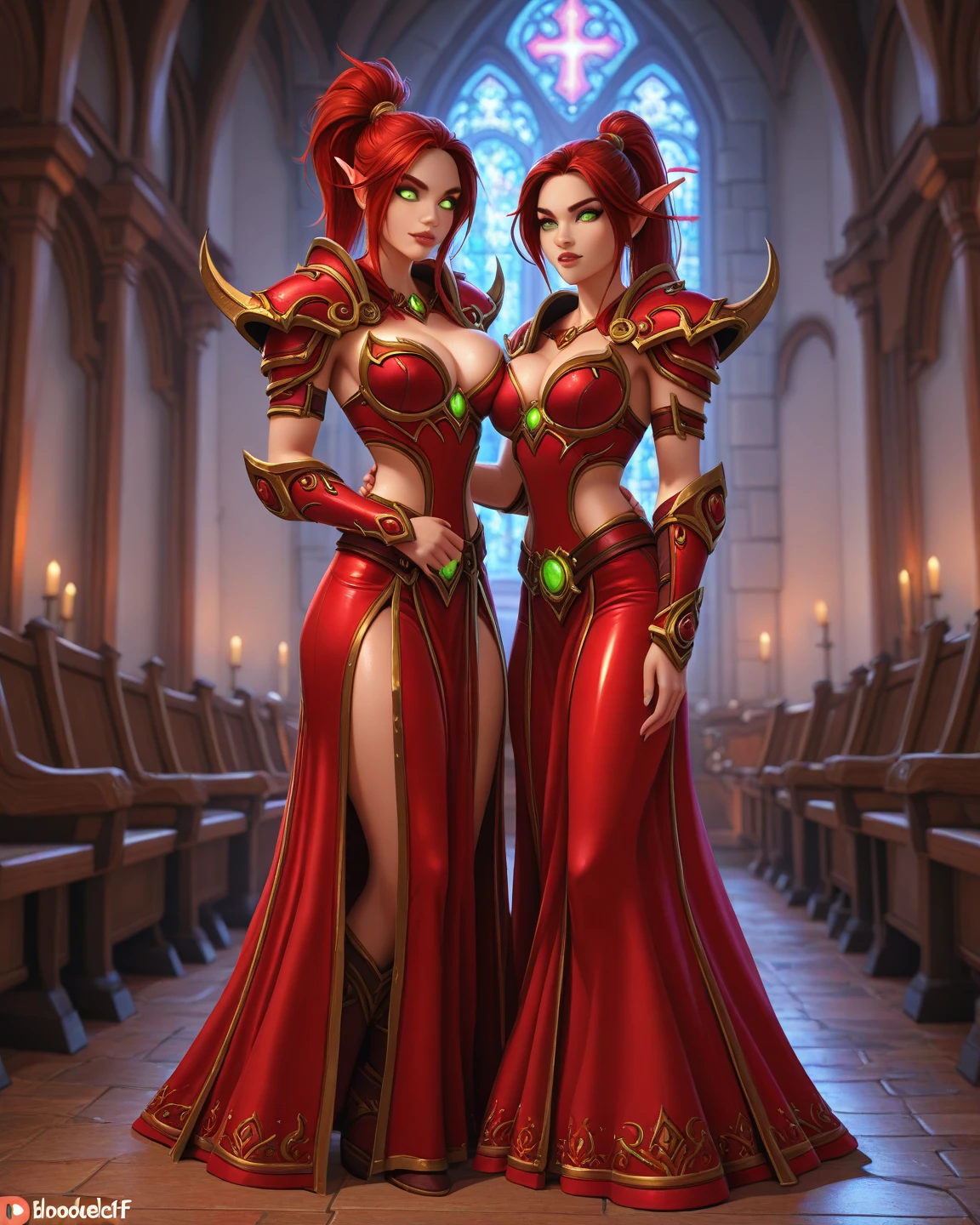 elf woman, white skin, dark red hair, necromancer, robes, busty