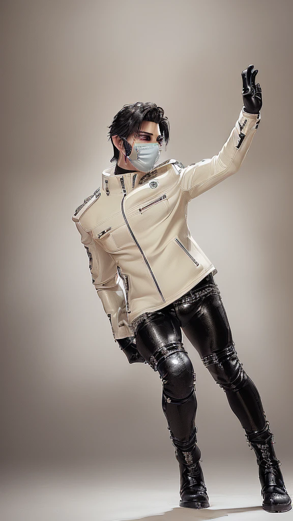 Final fantasy taste and reality graphics, Japanese young cute and cool ikemen  boy, his age is early 20s, thin eyebrows and beady eyes,  ((he wearing off white color leather  thick material jacket)), ((jacket is singlebrest)), biker style jacket, with epaulet, jacket is long sleeve, ((must close the front of the leather jacket)), , ((voluminous leather jacket)), ,((must jacket is high length and stand-up collar)) ((jacket collar with two belts)), ((jacket is a little black color line pattern)),((close the front of the jacket)), ((also wearing black thick material turtleneck lackluster shirts)),  ((tight black leather pants)),  ((black leather tight and thin glove)), ((black leather knee-high raceup boots)),((must views  head-to-toe)),((must views whole body)), ,((Do not show skin from the neck down)),leather jacket leather glove and leather pants have few wrinkles, Avoid showing your innerwear,zip up jacket fastner.must put on a leather glove.
Bous face is expression of ecstasy.
Boy is black hair.boy looks like fashion model.
((beige color packing tape)) ((gagged wrapped around his mouth)) ((packing tape covered his mouth))