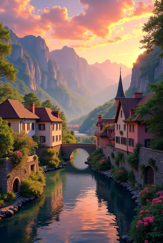 A small town by the river, mountains in the background, colorful floral flowers, detailed landscape, beautiful natural landscapes, atmospheric lighting, scorching sunset, warm colors, practical, photographic, detailed foliage, complex buildings, cobblestone street, charming country house, vibrant colors, lush vegetation, reflections in the water,  picturesque, idyllic, artwork, best quality, 8K, extremely detailed, anime style