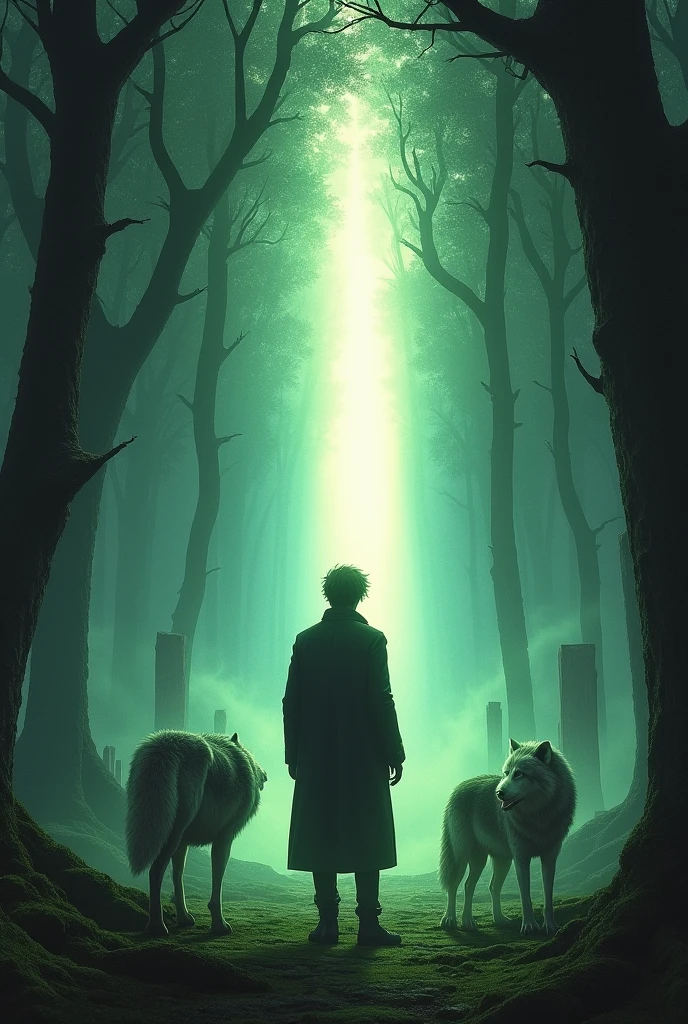 A young man stands in the middle of a mystical forest at twilight, facing a glowing rift of light breaking through the trees. He is accompanied by two large, slightly ethereal wolves with green-tinted fur. The atmosphere is calm, magical, and ancient, with mist flowing over moss-covered ground. The man wears a long coat or cloak, and his silhouette is backlit by the portal-like light ahead. The trees arch around him, forming a natural frame. Echoes of broken statues and old ruins appear faintly in the background. The composition is vertical, dramatic, and filled with painterly texture, evoking a sense of destiny, mystery, and connection to a forgotten past. Fantasy book cover style, high detail, cinematic lighting, painted look, by Magali Villeneuve, Donato Giancola, and Greg Rutkowski.
