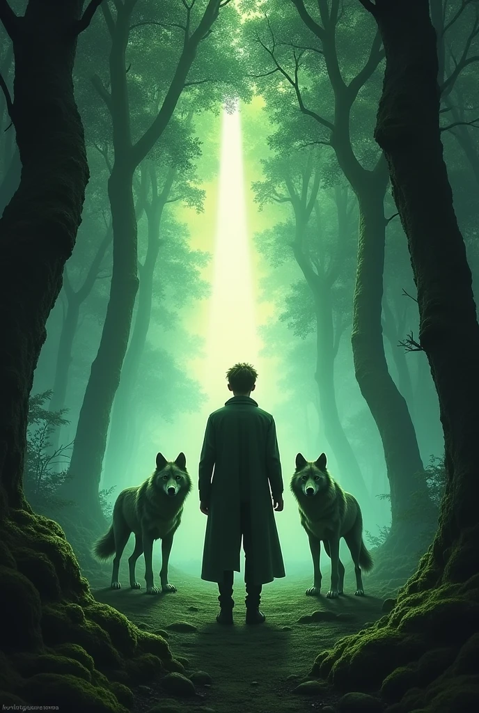 A young man stands in the middle of a mystical forest at twilight, facing a glowing rift of light breaking through the trees. He is accompanied by two large, slightly ethereal wolves with green-tinted fur. The atmosphere is calm, magical, and ancient, with mist flowing over moss-covered ground. The man wears a long coat or cloak, and his silhouette is backlit by the portal-like light ahead. The trees arch around him, forming a natural frame. Echoes of broken statues and old ruins appear faintly in the background. The composition is vertical, dramatic, and filled with painterly texture, evoking a sense of destiny, mystery, and connection to a forgotten past. Fantasy book cover style, high detail, cinematic lighting, painted look, by Magali Villeneuve, Donato Giancola, and Greg Rutkowski.