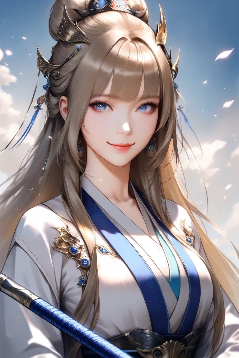 1girl, long hair, light brown hair, blue eyes, chinese fantasy xianxia, Hanfu, spear, smile, (sorimachi-dofu:0.3) kashikaze, realistic, high resolution, masterpiece, Точность, 