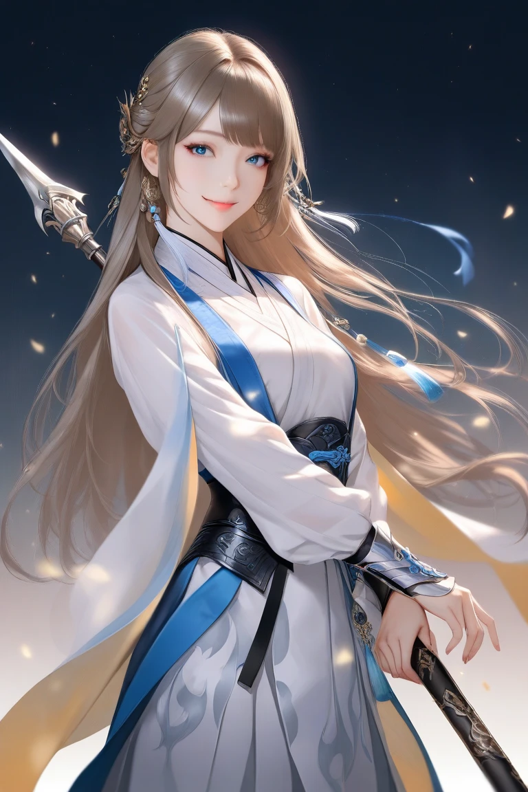 1girl, long hair, light brown hair, blue eyes, chinese fantasy xianxia, Hanfu, spear, smile, (sorimachi-dofu:0.3) kashikaze, realistic, high resolution, masterpiece, Точность, 