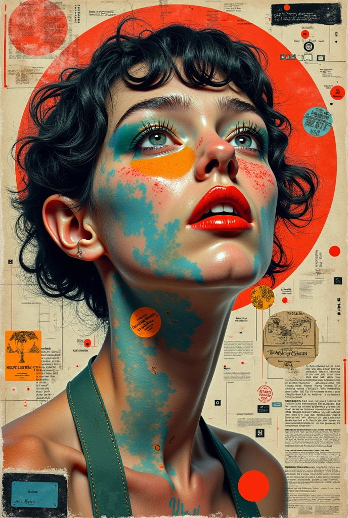 (best quality, ultra-detailed, 8k resolution, collage art style, retro aesthetic, vintage magazine cutouts, surreal and experimental composition, analog textures, paper edges, torn elements, 1960s and 70s color palette, eclectic visual mix, overlapping faces, abstract body parts, old advertising text fragments, grainy newsprint overlays, pop art influence, tape and glue effects, cultural iconography, random objects, hand-drawn doodles and arrows, old diagrams, surreal juxtaposition, visual chaos with artistic intent, punk zine vibes, paper clipping shadows, photomontage energy, rebellious tone