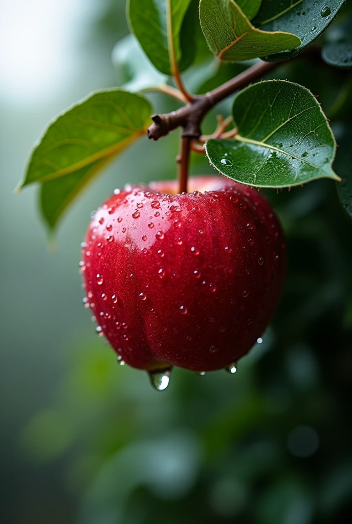 a delicate apple made of opal hung on branch  in the early morning light, adorned with glistening dewdrops. in the background beautiful valleys, divine iridescent glowing, opalescent textures, volumetric light, ethereal, sparkling, light inside body, bioluminescence, studio photo, highly detailed, sharp focus