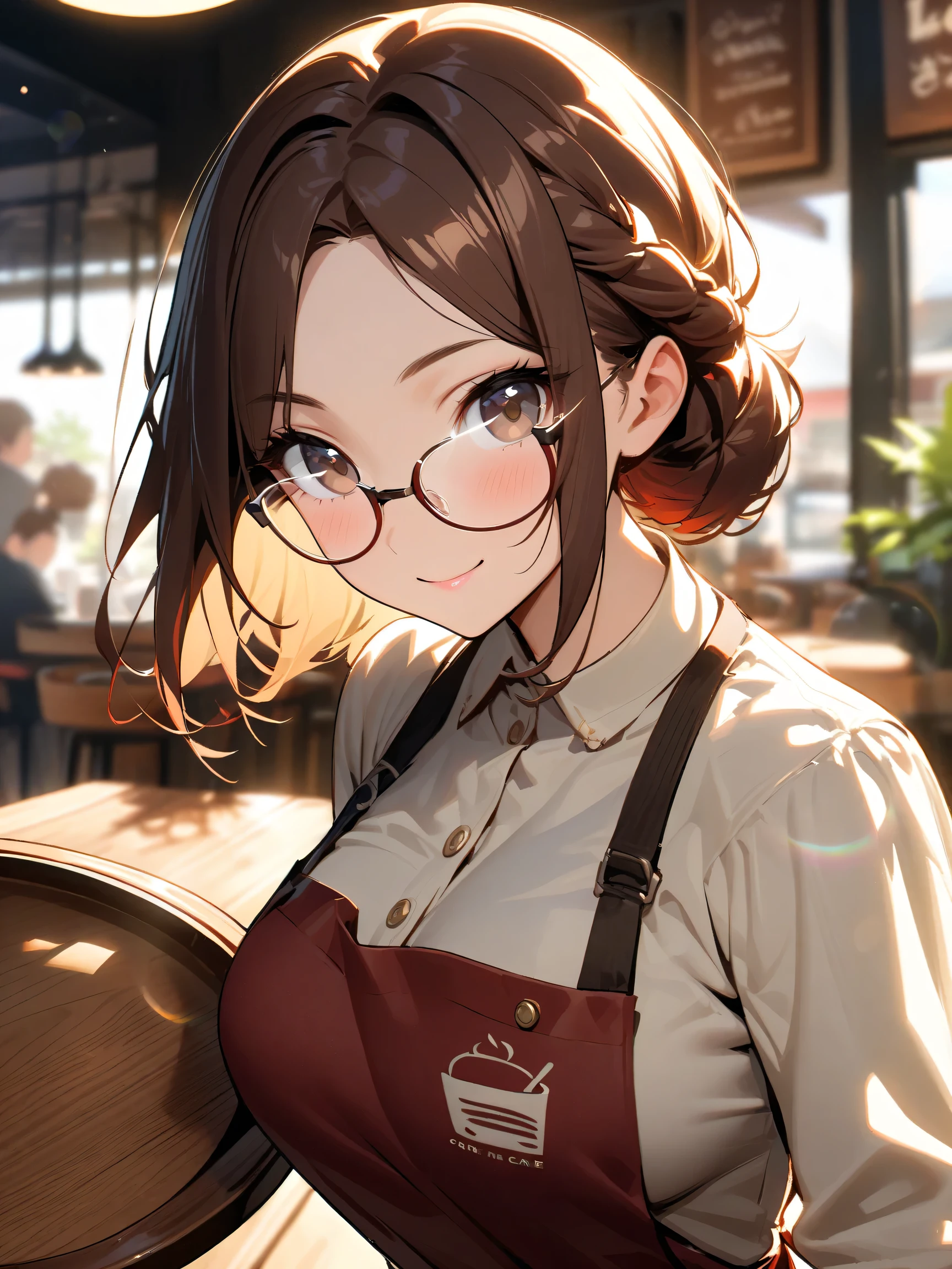 light yellow theme, 1lady, red brown hair, French braid, parted bangs, dark brown eye, rimless glasses, bright white highlights on glasses, light brown blouse, whitelogo print dark red apron, dark brown pants, beautiful breasts, Confident pose, Holding a wooden tray, smile, cafe, (朝日:1.1), upper body, look at viewer, blurry background, lensflare, lensghost, natural lighting, subtle highlights and shadows