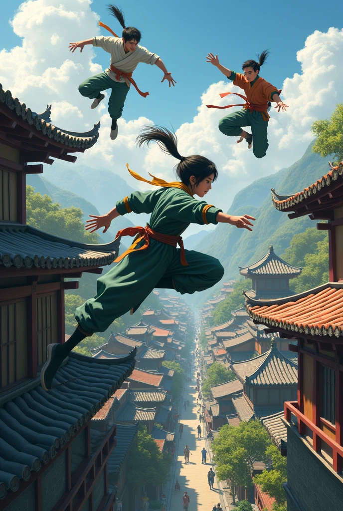 Hidden Leaf Village. Shinobi jump on rooftops