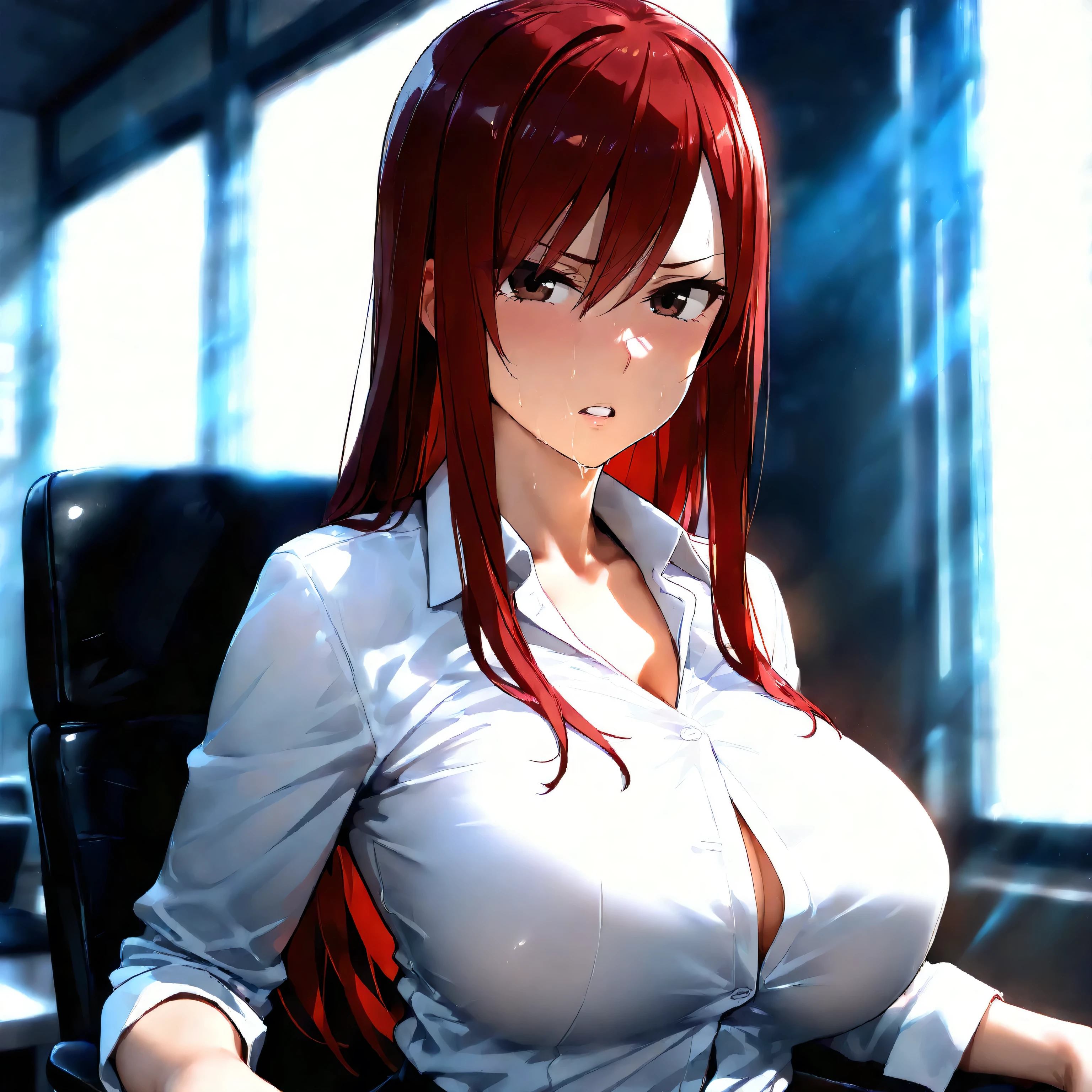 anime - mulher estilo com cabelo ruivo e camisa branca posando em uma cidade, makeup makeup, Ternos Asuka under clothes!, Biomechanical Oppai, Erza Scarlet como uma pessoa real, zero dois, Zenkai de corpo inteiro! Ternos Asuka, Makise Kurisu, cabelo ruivo na cintura, garota anime sedutora, arte cg de anime suave, rias gremory