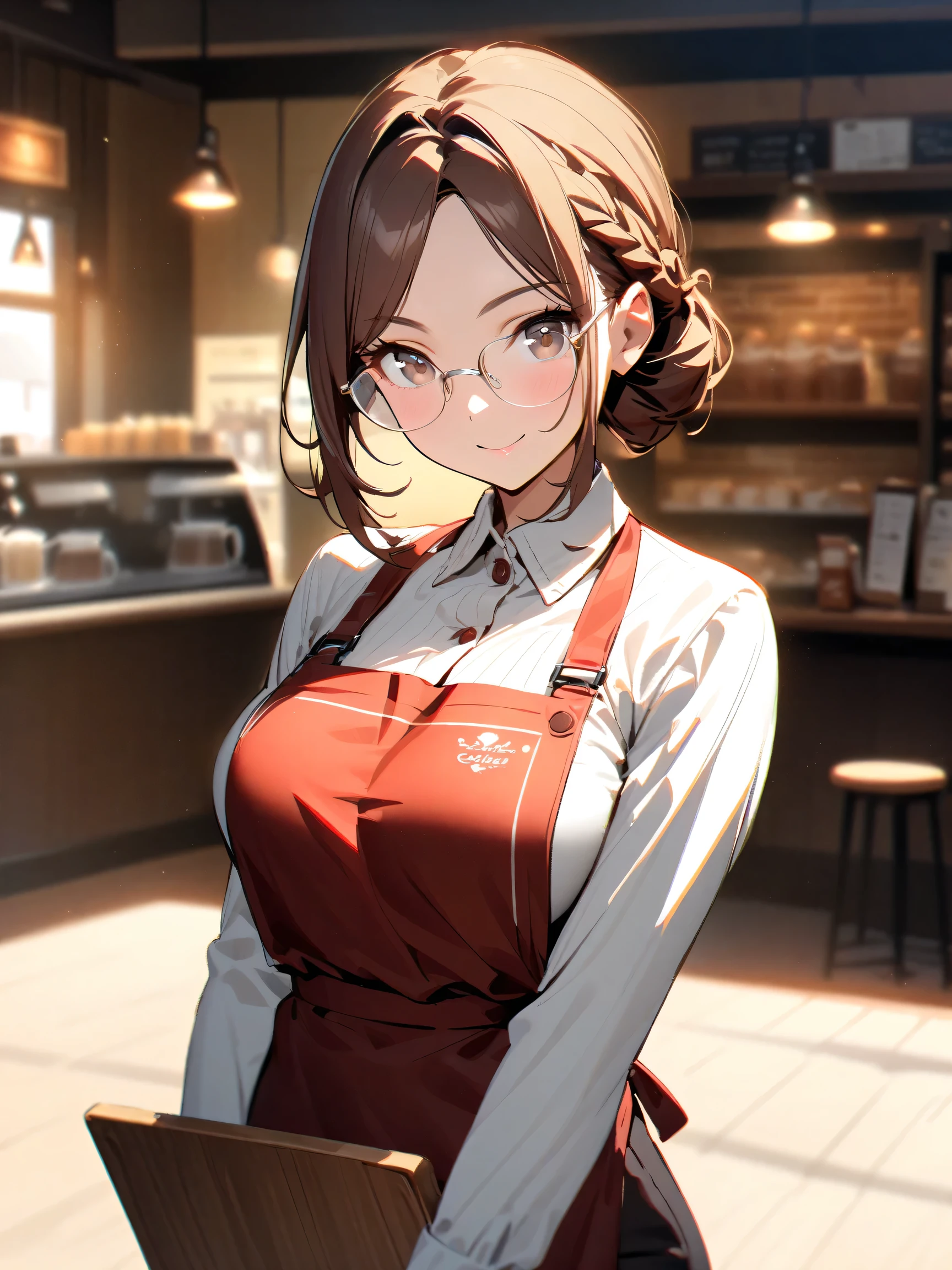 light yellow theme, 1lady, red brown hair, French braid, parted bangs, dark brown eye, rimless glasses, bright white highlights on glasses, light brown blouse, whitelogo print dark red apron, dark brown pants, beautiful , Confident pose, Holding a wooden tray, smile, cafe, (朝日:1.1), upper body, look at viewer, blurry background, lensflare, lensghost, natural lighting, subtle highlights and shadows