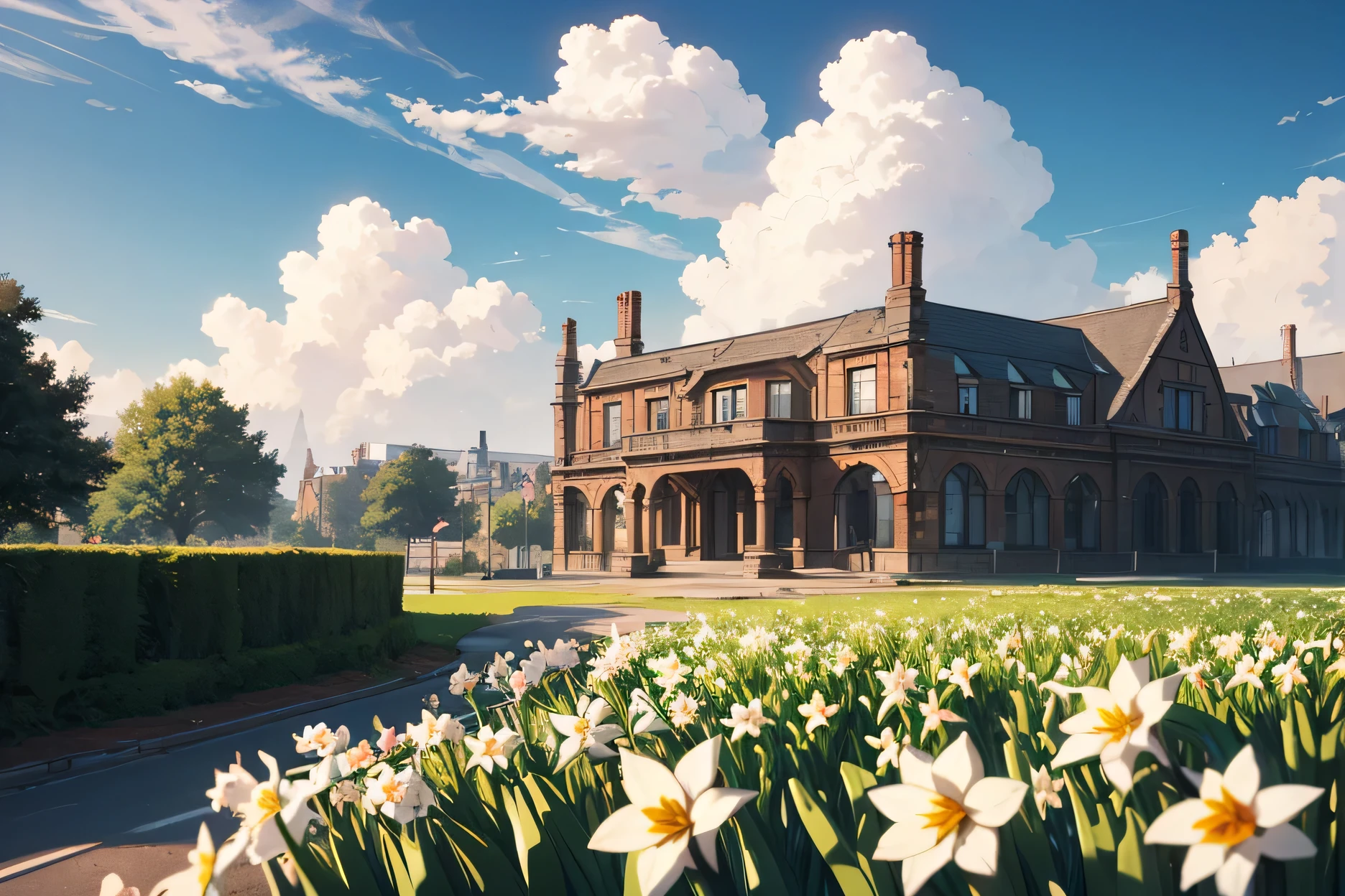  a Flower (Narcissus) with a simple background, maybe some building in the distance and a cloud or two in the sky.