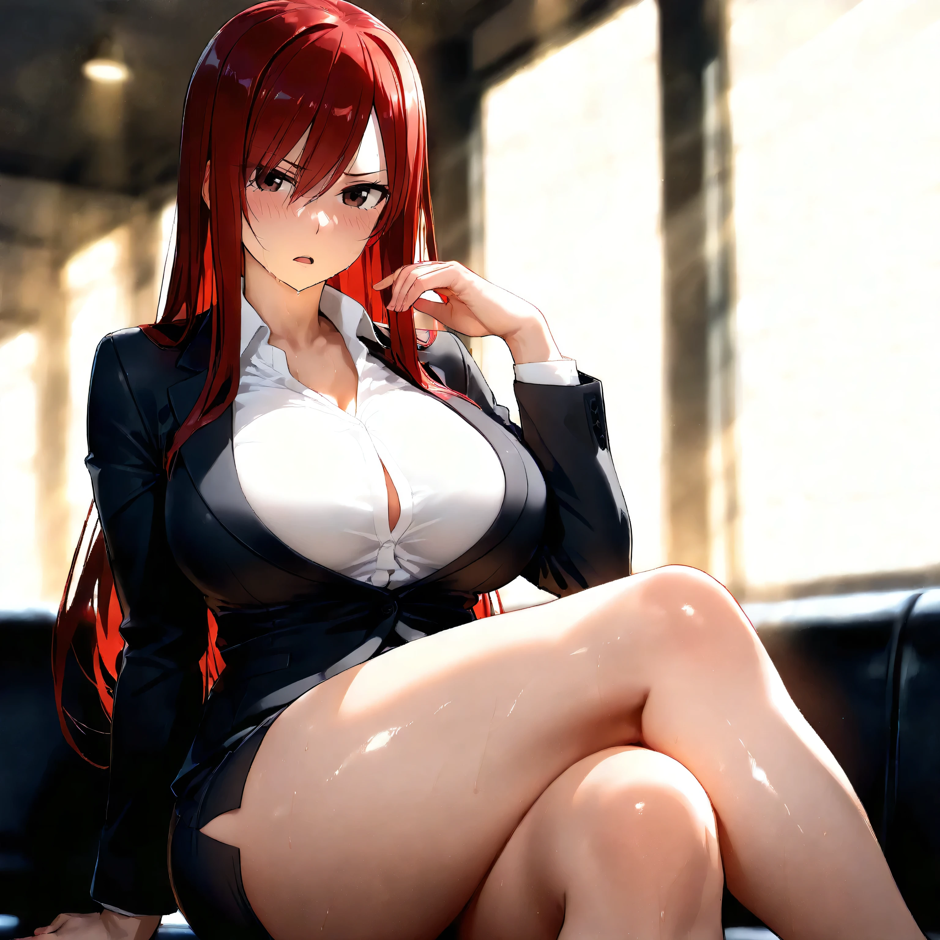 Anime girl in stockings, torn clothes, stockings, choker, medium breasts, transparent clothes, skirt, apocalyptic city on background, cute, red hair, green eyes, decollete, view from below, close to camera, laying on floor, almost naked, office uniform.