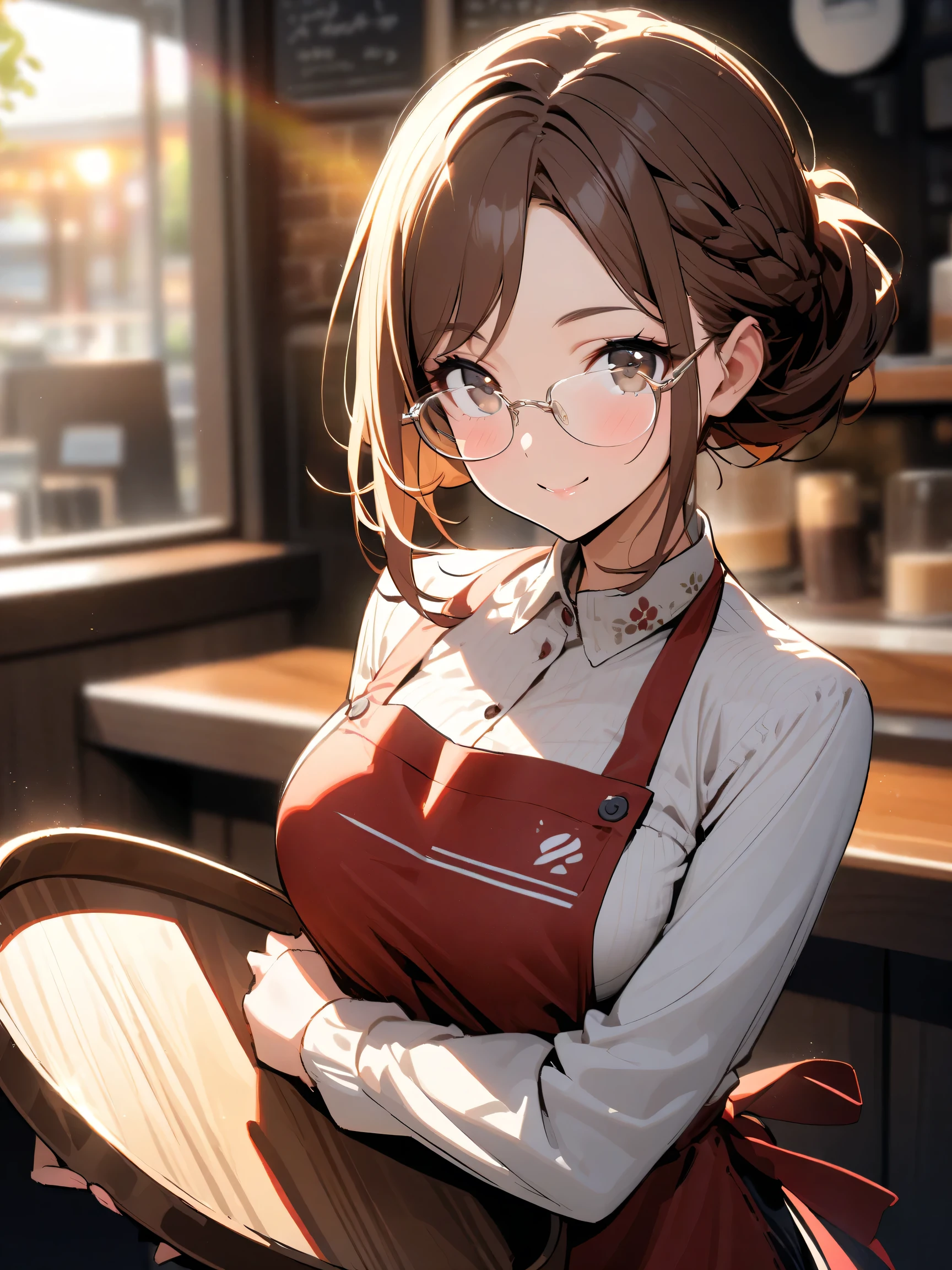 light yellow theme, 1lady, red brown hair, French braid, parted bangs, dark brown eye, rimless glasses, bright white highlights on glasses, light brown blouse, whitelogo print dark red apron, dark brown pants, beautiful ???????, Confident pose, Holding a wooden tray, smile, cafe, (朝日:1.1), upper body, look at viewer, blurry background, lensflare, lensghost, natural lighting, subtle highlights and shadows
