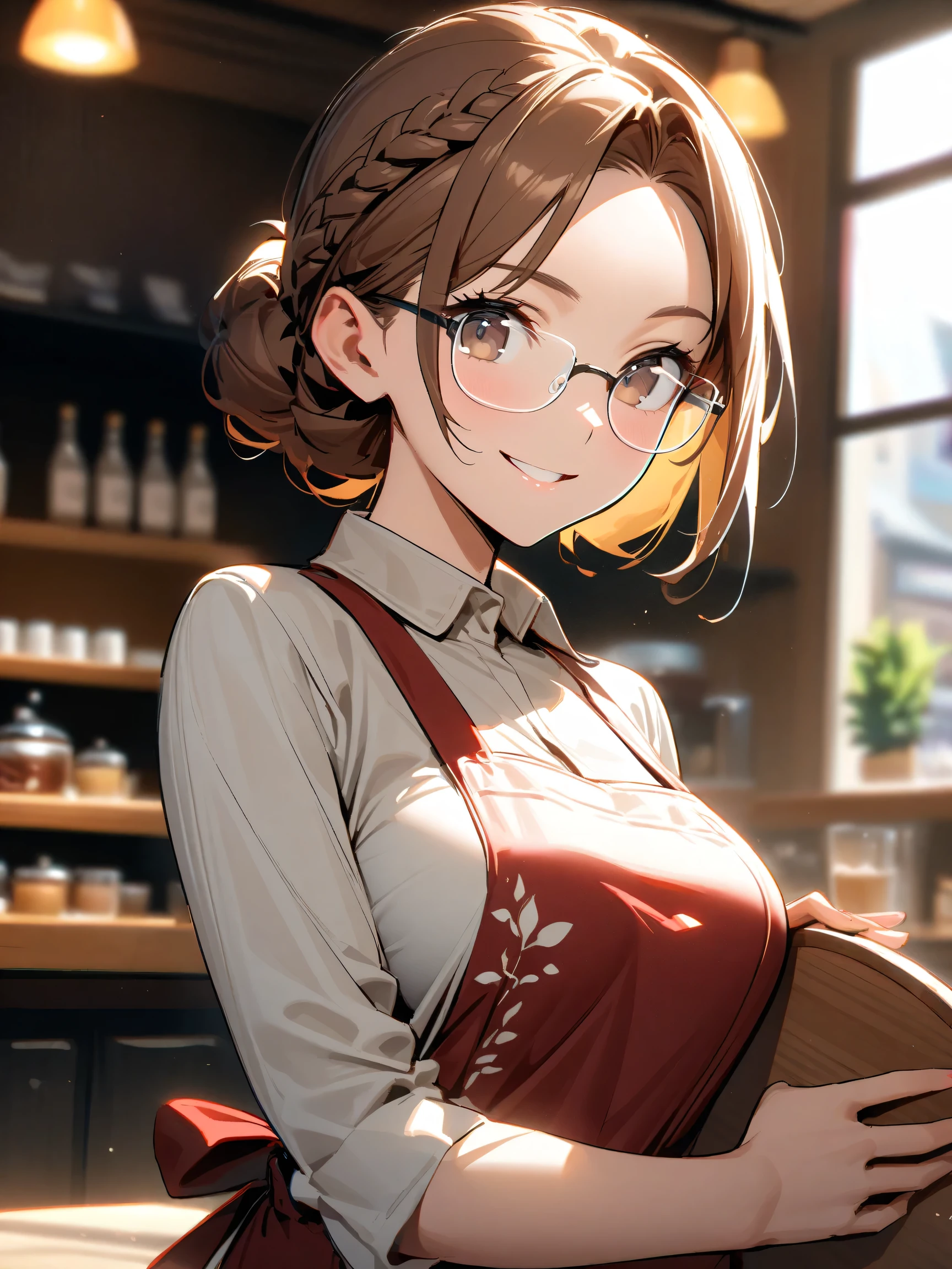 light yellow theme, 1lady, red brown hair, French braid, parted bangs, dark brown eye, rimless glasses, bright white highlights on glasses, light brown blouse, whitelogo print dark red apron, dark brown pants, beautiful breasts, Confident pose, Holding a wooden tray, smile, cafe, (朝日:1.1), upper body, look at viewer, blurry background, lensflare, lensghost, natural lighting, subtle highlights and shadows