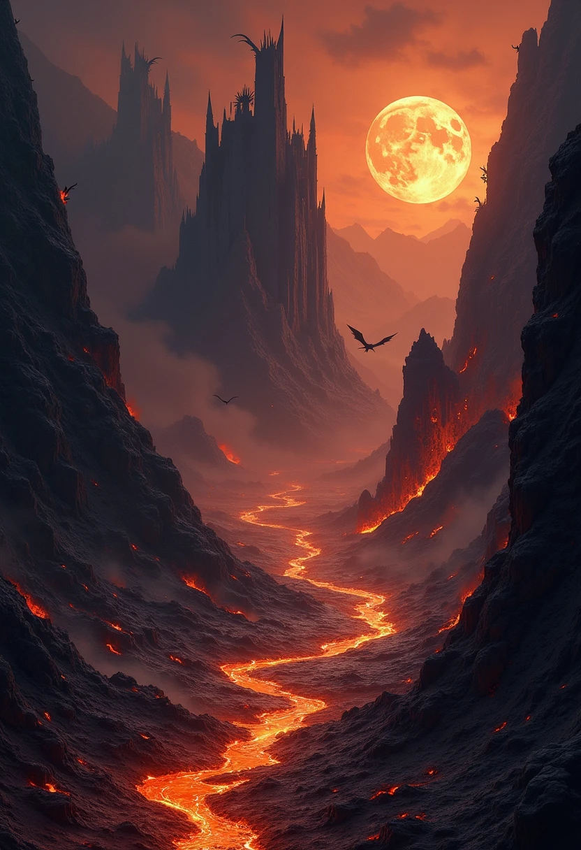 4. "is real. It's dark, eternal, dreaded..."
prompt:
A realistic hellish landscape with charred mountains, perpetual fire, lava falling down the slopes, demonic figures in the distance, a broken clock symbolizing eternity.